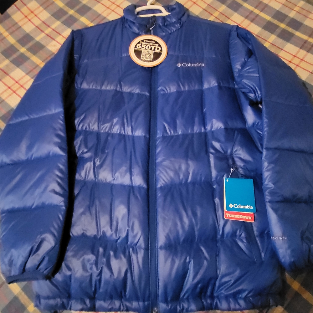 NWT Columbia Men's Gold 650TD TurboDown Down Jacket, Medium, Blue, Omni Heat